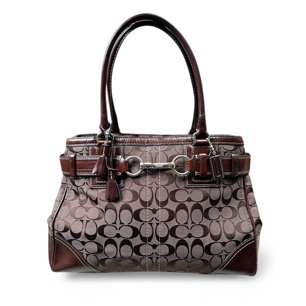 Coach Brown Signature Canvas Satchel with Leather Trim - Picture 2 of 15